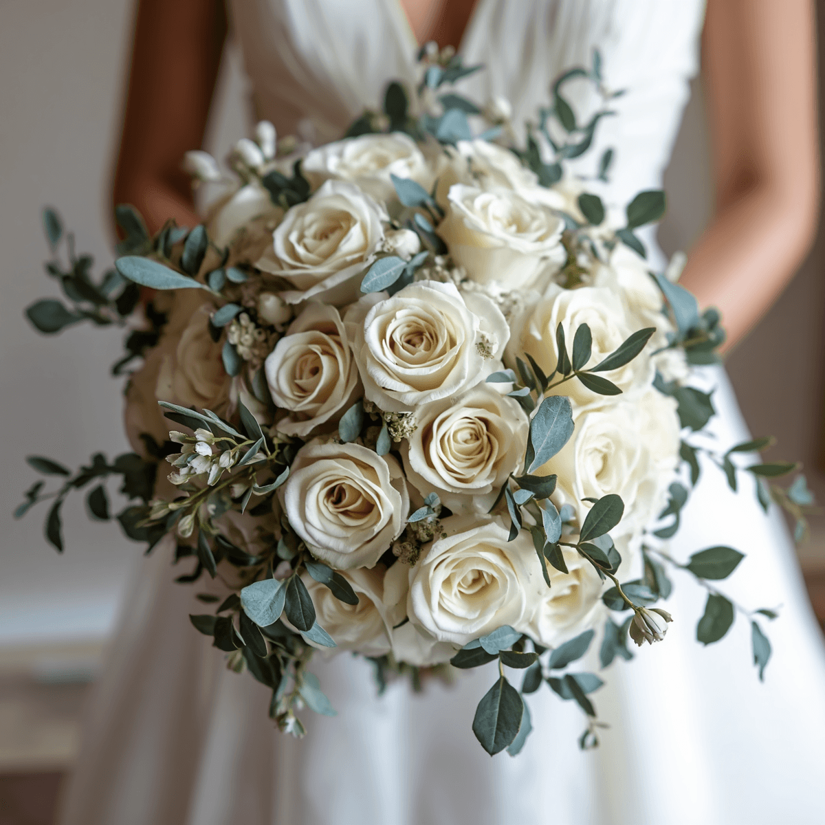 Bridal bouquet of white roses and eucalyptus with the Encinitas coastline in the background