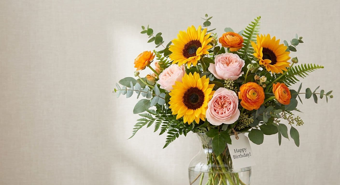 A colorful mixed bouquet of birthday flowers including sunflowers, roses, and ranunculus in a glass vase